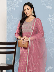 Women Mauve Embroidered Straight Kurta With Palazzo And Net Dupatta