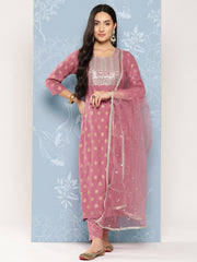 Women Mauve Embroidered Straight Kurta With Palazzo And Net Dupatta