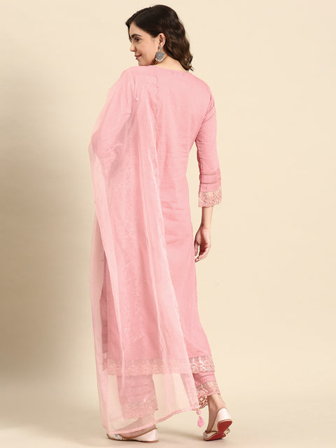 Women Mauve Lace Detailing Kurta With Trouser And Scalped Dupatta