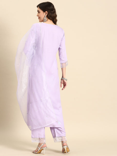 Women Lavender Embroidered Straight Kurta With Palazzo & Dupatta