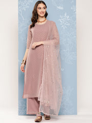 Women Mauve Foil Printed Straight Kurta With Palazzo And Net Dupatta