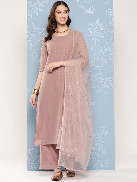 Women Mauve Foil Printed Straight Kurta With Palazzo And Net Dupatta