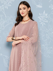 Women Mauve Foil Printed Straight Kurta With Palazzo And Net Dupatta