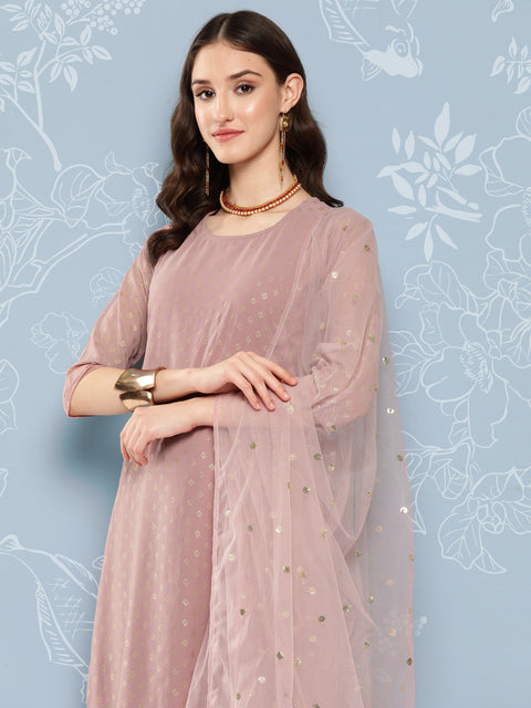 Women Mauve Foil Printed Straight Kurta With Palazzo And Net Dupatta