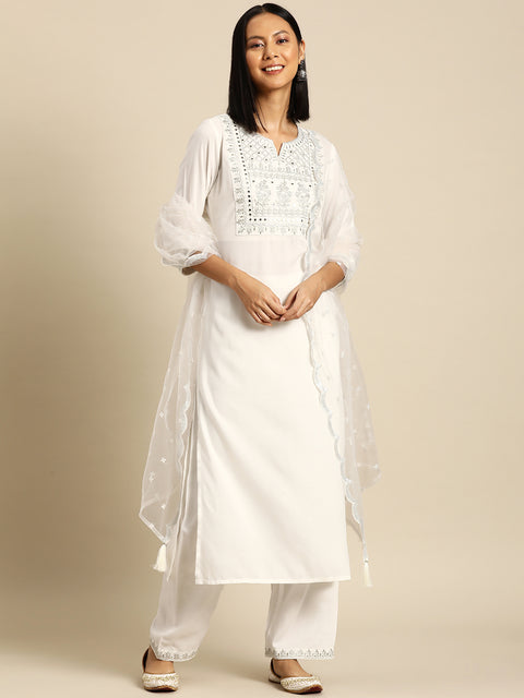 Women White Embroidered Straight Kurta With Palazzo And Net Dupatta