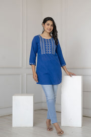 Women Blue Embroidered Straight Tunic