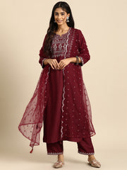 Women Maroon Embroidered Straight Kurta With Palazzo And Net Dupatta