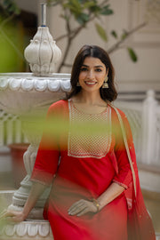Women Red Embroidered Straight Kurta With Palazzo And Net Dupatta
