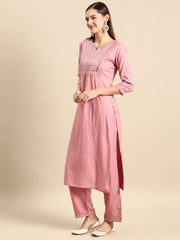 Women Mauve Embroidered Straight Kurta With Palazzo And Net Dupatta