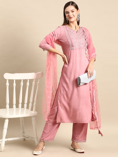 Women Mauve Embroidered Straight Kurta With Palazzo And Net Dupatta