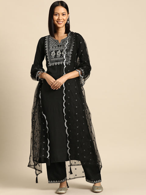 Women Black Embroidered Straight Kurta With Palazzo And Net Dupatta