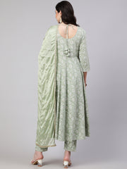 Women Green Embroidered Flared Kurta With Trouser And Dupatta