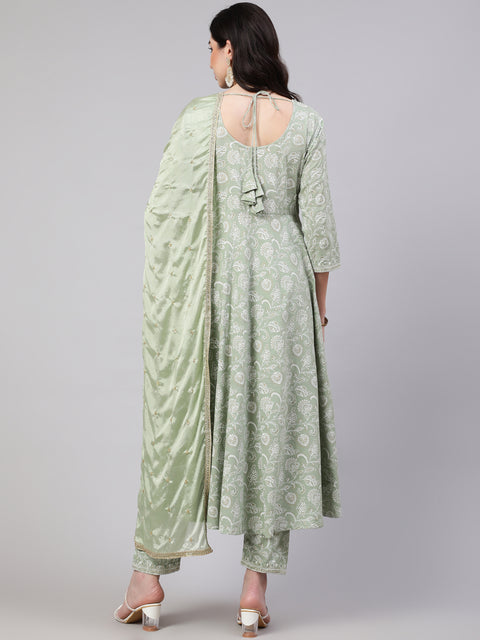 Women Green Embroidered Flared Kurta With Trouser And Dupatta