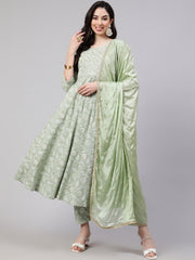 Women Green Embroidered Flared Kurta With Trouser And Dupatta