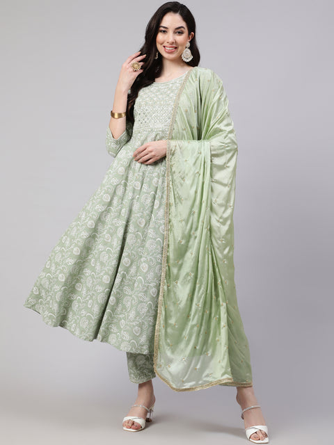 Women Green Embroidered Flared Kurta With Trouser And Dupatta
