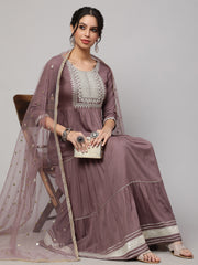 Wome Taupe Embroidered Flared Dress With Net Dupatta