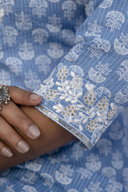 Women Blue Embroidered Straight Kurta With Trouser And Dupatta