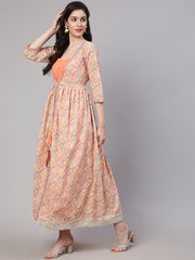 Women Peach Striped Flared Dress With Embroidered Jacket