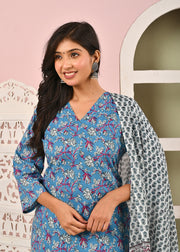 Blue Printed Kurta Set with Dupatta for Women