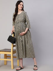 Women Beige Printed Flared Maternity Dress