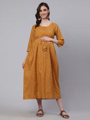 Women Mustard Printed Flared Maternity Dress