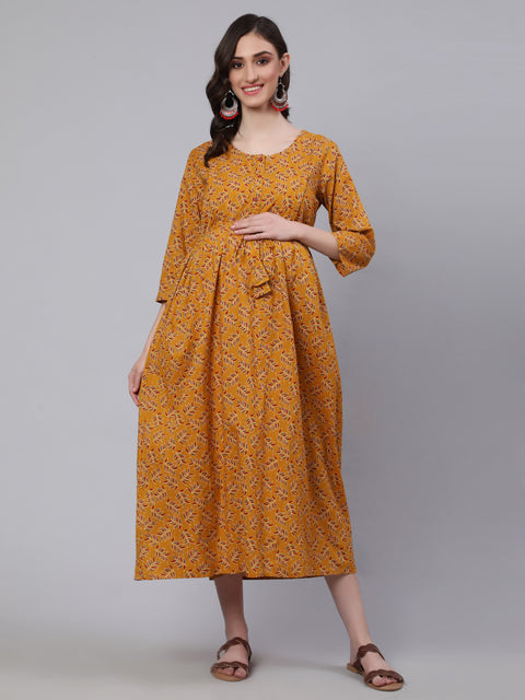 Women Mustard Printed Flared Maternity Dress