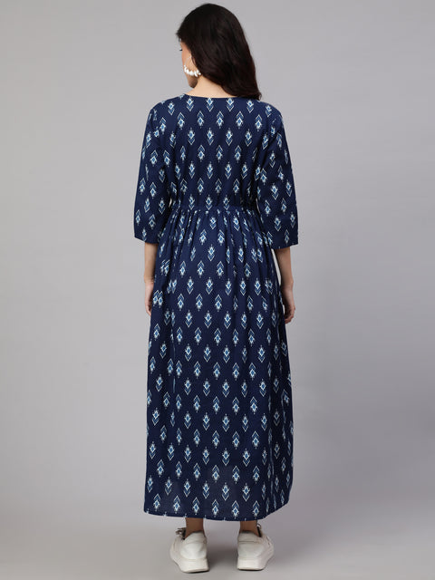 Women Blue Floral Printed Flared Maternity Dress