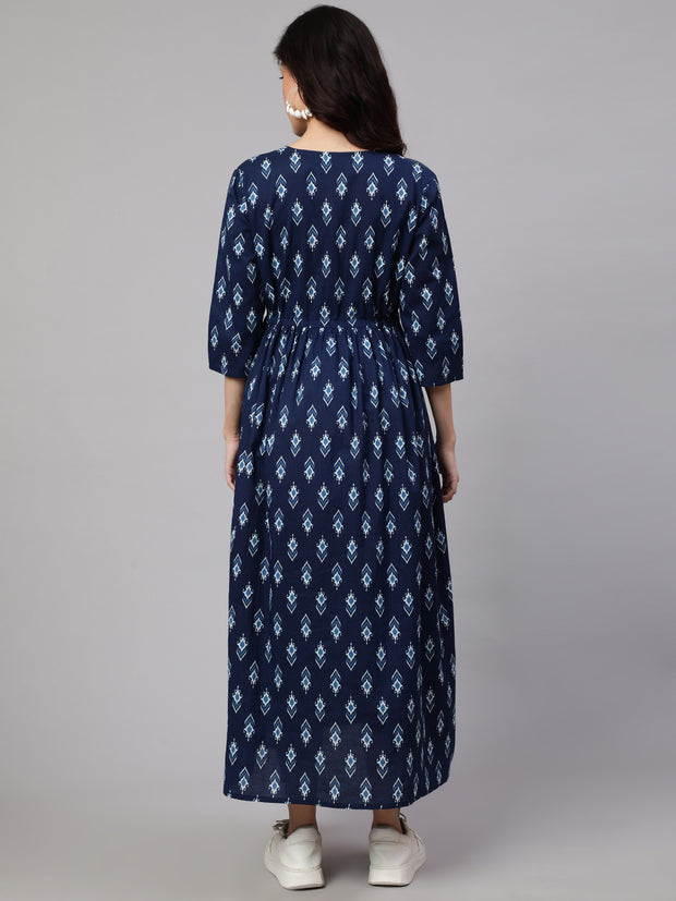 Women Blue Floral Printed Flared Maternity Dress