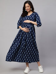 Women Blue Floral Printed Flared Maternity Dress