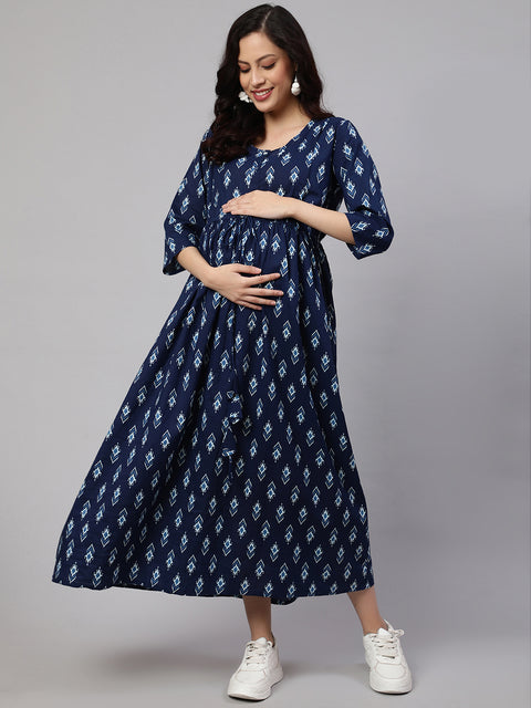 Women Blue Floral Printed Flared Maternity Dress