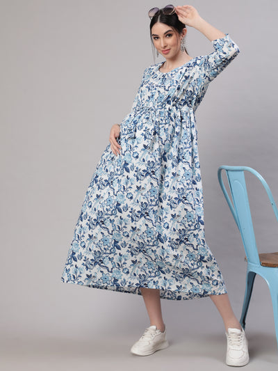 Women Off White & Blue Floral Printed Maternity Dress With Three Quarter Sleeves