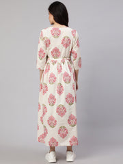 Women Off White & Blue Floral Printed Maternity Dress With Three Quarter Sleeves