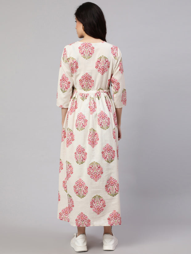 Women Off White & Blue Floral Printed Maternity Dress With Three Quarter Sleeves