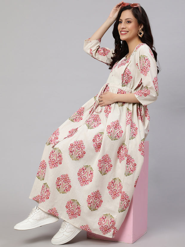 Women Off White & Blue Floral Printed Maternity Dress With Three Quarter Sleeves