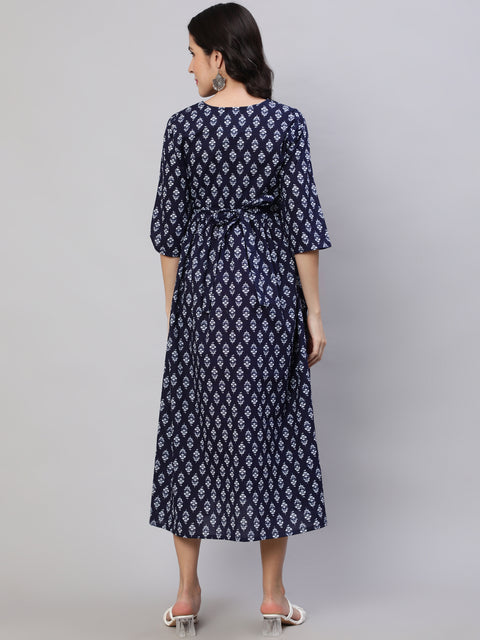 Women Navy Blue Printed Flared Maternity Dress