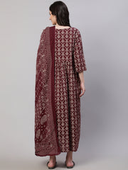 Women Burgundy Printed Flared Maternity Dress Dupatta