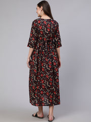 Women Black Floral Printed Flared Maternity Dress