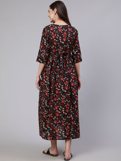 Women Black Floral Printed Flared Maternity Dress
