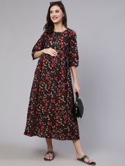 Women Black Floral Printed Flared Maternity Dress