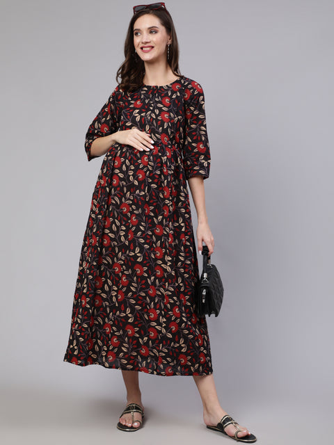 Women Black Floral Printed Flared Maternity Dress