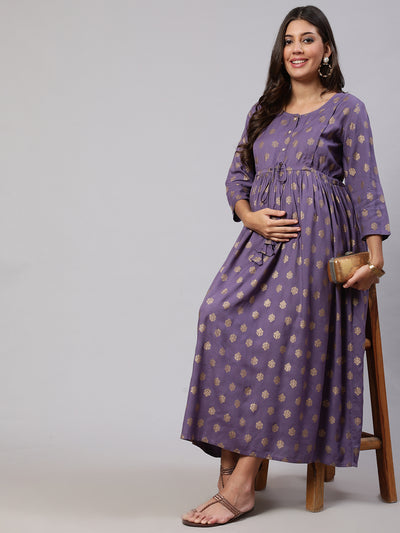 Women Purple Printed Flared Maternity Dress