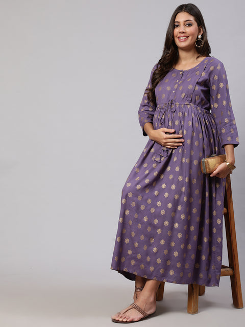 Women Purple Printed Flared Maternity Dress