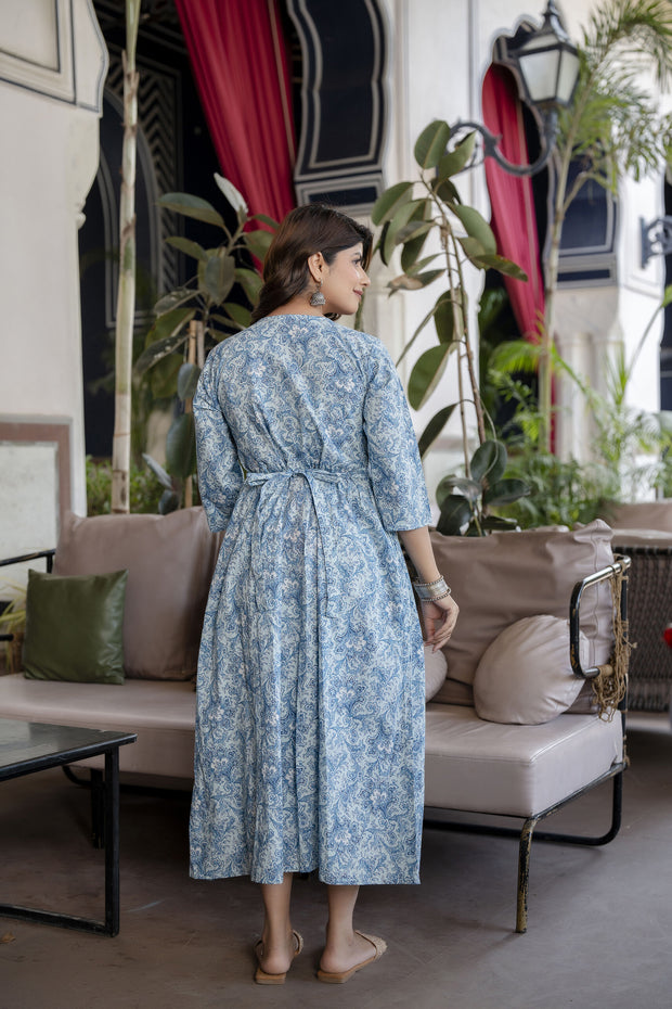 Women Blue Printed Flared Maternity Dress
