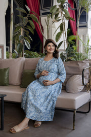 Women Blue Printed Flared Maternity Dress