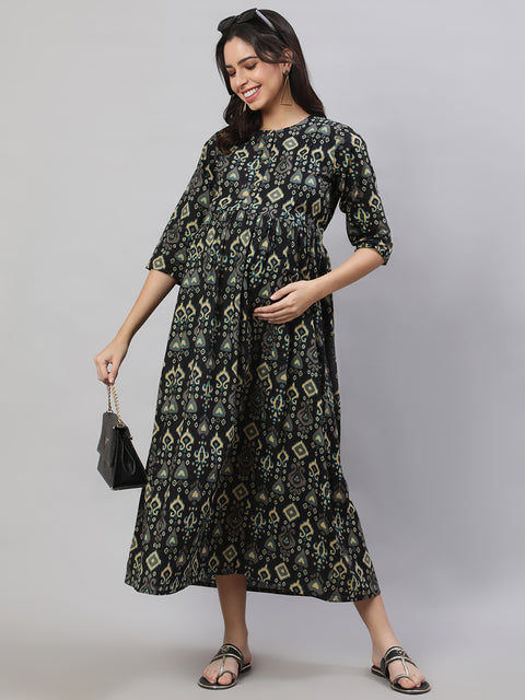 Women Black Printed Flared Maternity Dress
