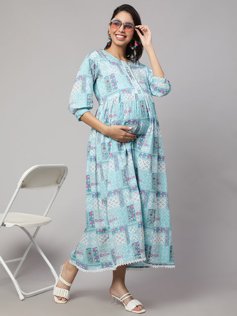 Women Sky Blue Printed Flared Maternity Dress