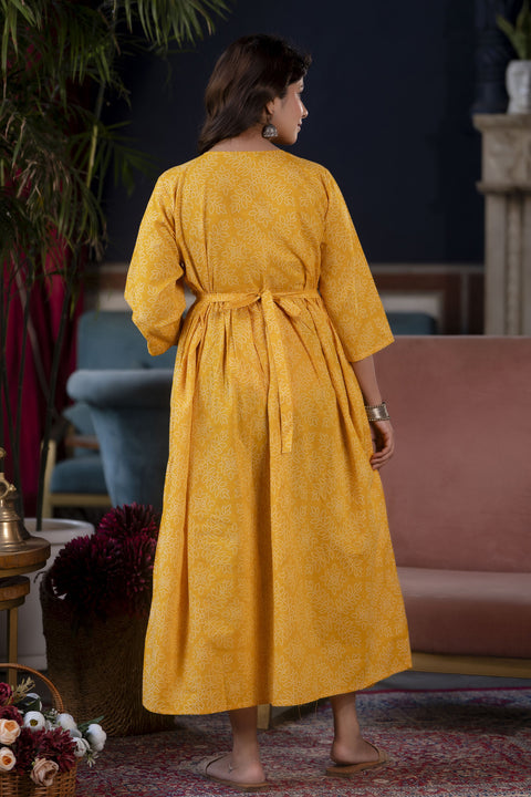 Women Yellow Printed Flared Maternity Dress