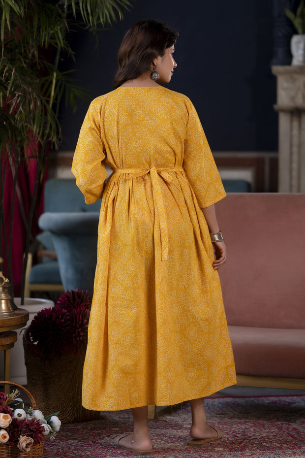 Women Yellow Printed Flared Maternity Dress