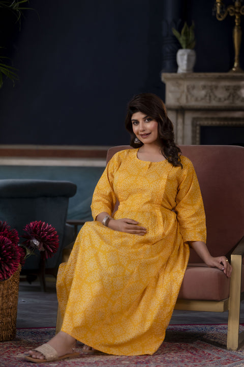 Women Yellow Printed Flared Maternity Dress
