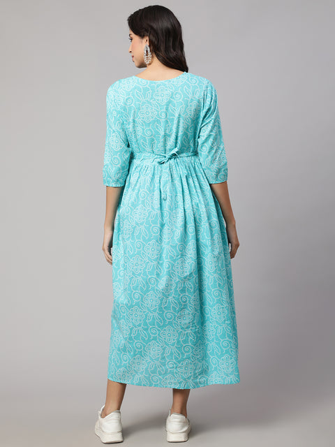 Women Sky Blue Printed Flared Maternity Dress